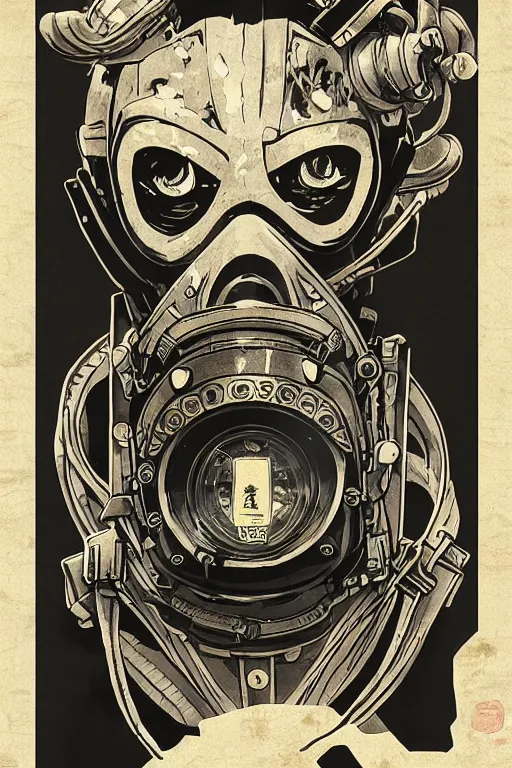 Image similar to Gas mask in Ukiyo-e style, haunting + insanely detailed and intricate, movie poster style, Trending on artstation, artstationHD, artstationHQ, 4k, 8k