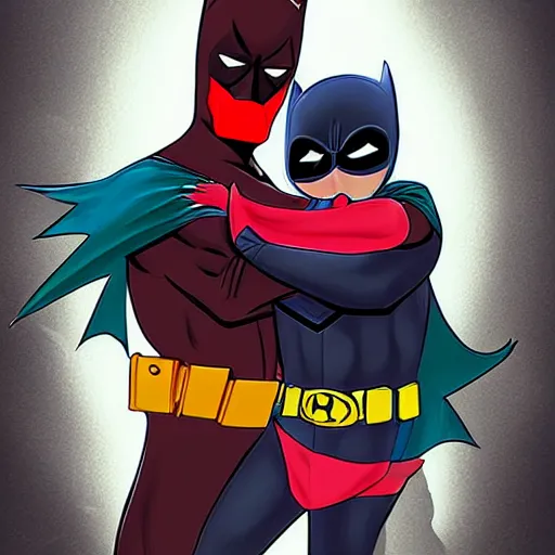 Image similar to batman hugs deadpool, rainbow, artstation