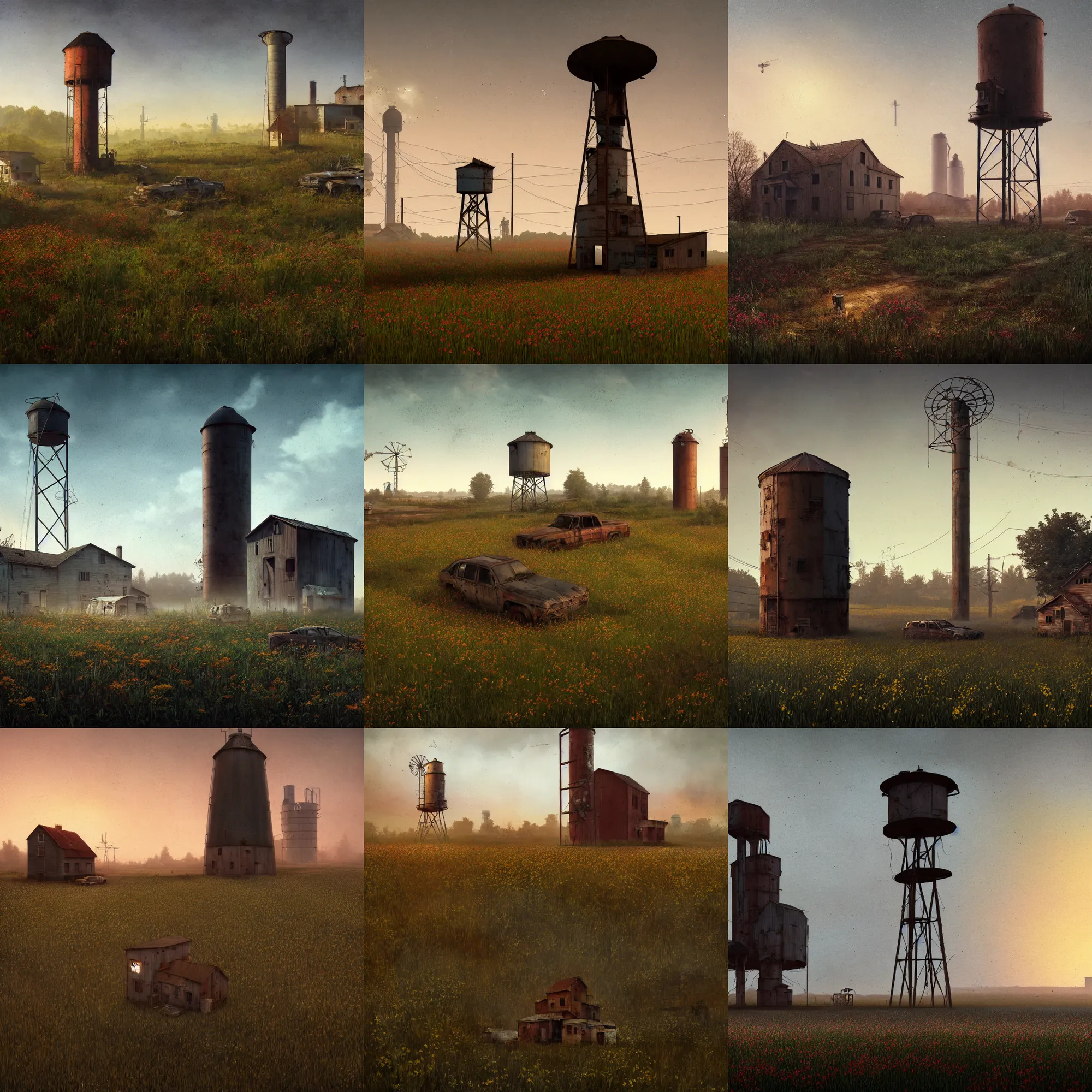 Image similar to rural post - cyberpunk, post - apocalyptic, farmhouse with a rusty water tower in a flower field by scott listfield and gregory crewdson, post - cyberpunk,! at night!, fog, 8 k render, trending on cgsociety, trending on artstation