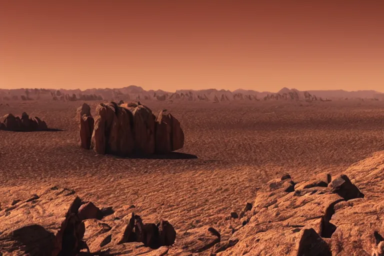 Image similar to A stunning, epic, cinematic film still of a desert planet with rocky cliffs in the distance.