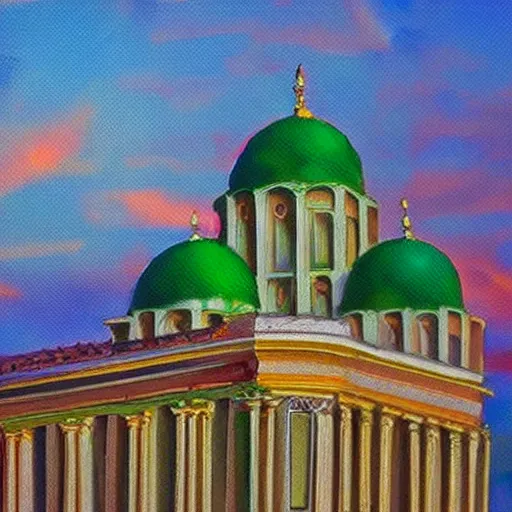 Image similar to beautiful hyper realistic synagogue in a sunny city, large green dome, impressionist style, sunset, dramatic lighting