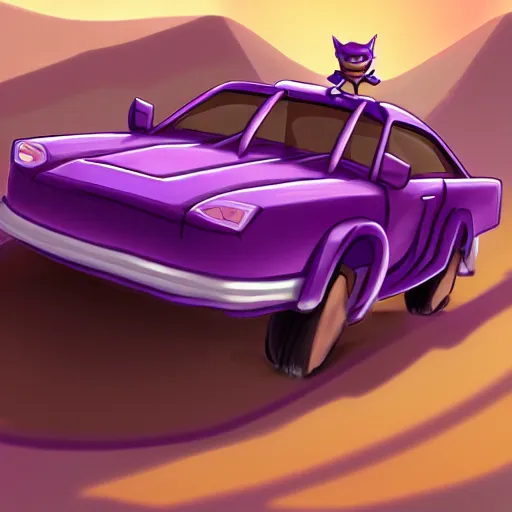 Image similar to turtle driving a fast purple car in the desert, trending on artstation, cinematic