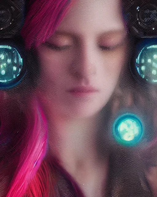 Prompt: cinematic portrait of a cyberpunk dj with laser hair, intricate, elegant, by alyssa monks, highly detailed, fine details, masterpiece, trending on artstation