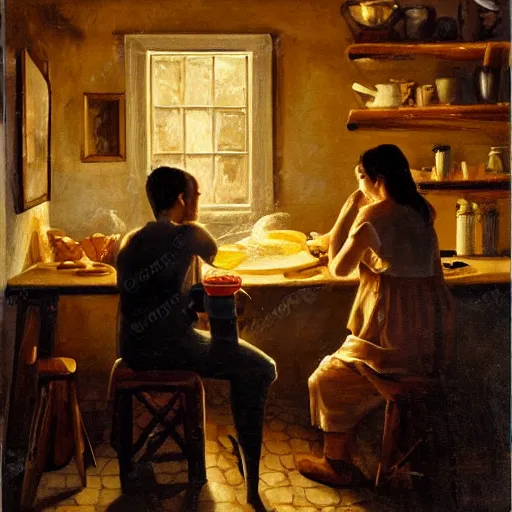 Image similar to oil painting of one young man and one young woman baking waffles in romantic light