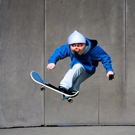 Image similar to doraemon performing skateboard tricks, wearing baggy clothing