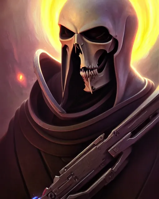 Image similar to reaper from overwatch, character portrait, portrait, close up, highly detailed, intricate detail, amazing detail, sharp focus, vintage fantasy art, vintage sci - fi art, radiant light, caustics, by boris vallejo