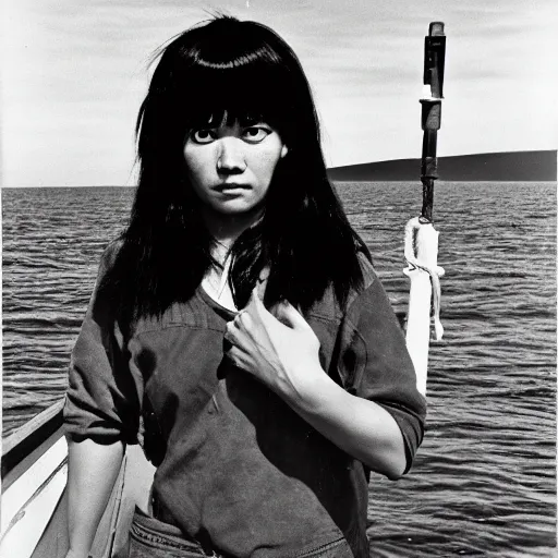 Prompt: black - haired girl with wild spiky black saiyan hair with long bangs over her eyes, hair covering eyes, muscular, wearing casual clothing, standing on an alaskan fishing vessel, mekoryuk, alaska, 1 9 6 5, polaroid, kodachrome, grainy photograph