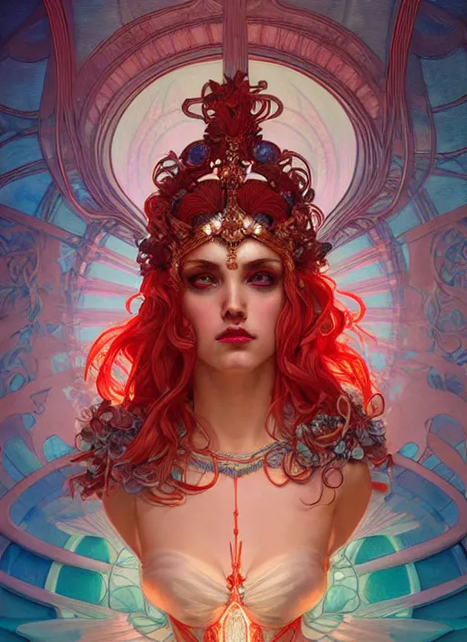 Prompt: the goddess hera looking angry, paper dress, volumetric lights, red and cyan theme, art nouveau botanicals, intricate, highly detailed, digital painting, artstation, concept art, smooth, sharp focus, symmetric face, illustration, art by artgerm and greg rutkowski and alphonse mucha