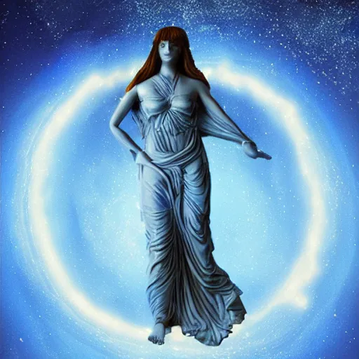 Prompt: a giant beautiful glowing blue goddess drifting in the night sky, photorealistic