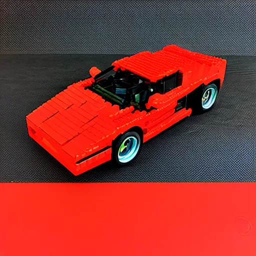 Prompt: red ferrari testarossa, outrun game, lego set