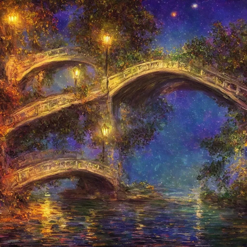 Image similar to fairyland bridge, outside of time and space, dreamy, romantic, night lighting, expressive impressionist style, highly detailed, 8 k