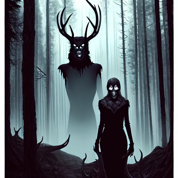 Prompt: style artgerm, joshua middleton, diego fazio, marc simonetti : : scary wendigo with antlers and skull face mixed with werewolf : : [ [ beautiful witch wearing a black dress, symmetrical face, on the right side ] ] : : in the forest, detailed, dark and foggy, cinematic lighting