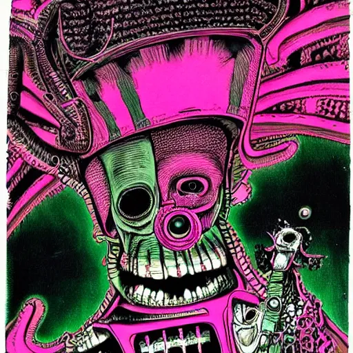 Image similar to garbled monstrosity, 1983 punk art, painted cover abject horror, dark pink and green, detailed, intricate, bizarre, bright, 80s sci fi weird artwork, dystopian