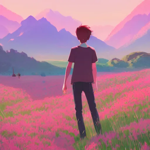 Image similar to pink haired teen boy, flower fields and mountains in the background, digital painting, artstation, highly detailed, by makoto shinkai and thomas kindle and James gilleard