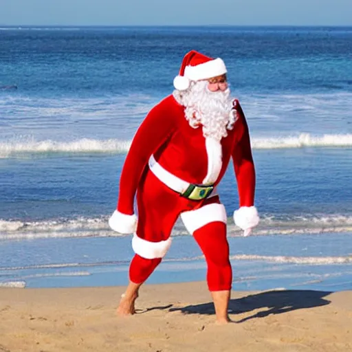 Image similar to surfer santa in a mankini at the beach