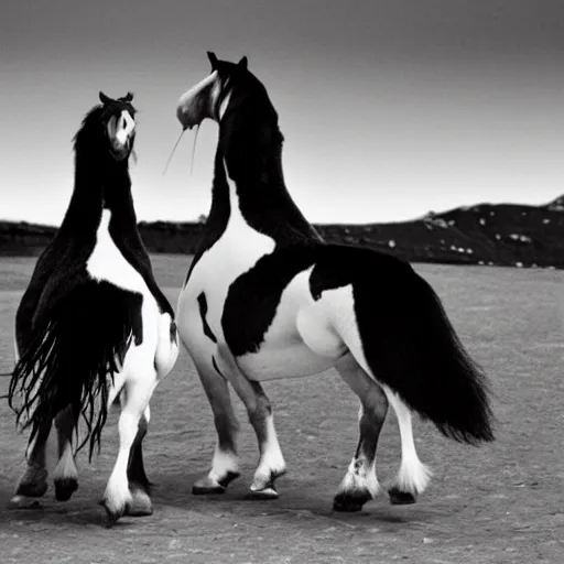 Image similar to horse, clydesdale horse, the penguin bird is riding on the horse's back