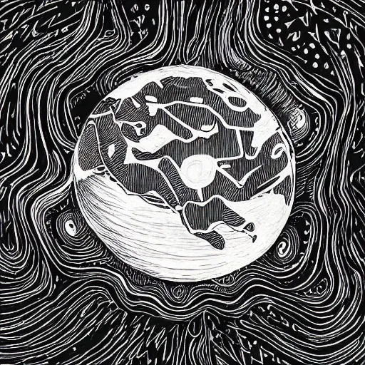 Prompt: black and white ink doodle illustration of a hippo shaped planet in interstellar space, style by peter deligdisch, peterdraws