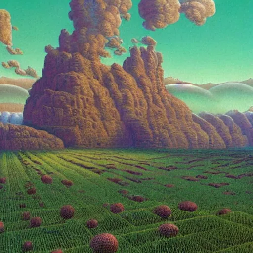 Image similar to beautiful rendered in zbrush ancient painting of a beatiful scenic farm surrounded by holographic Myrtle squares, by Jean Giraud and Zdzisław Beksiński and Chesley Bonestell and James Gurney,