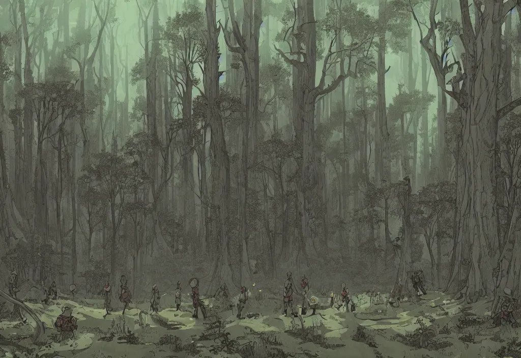 Prompt: handmade illustration of a big forest, line art, ink, some small silhouetted medieval men among the trees, watercolor by Kilian Eng and by Jake Parker, winning-award masterpiece, fantastic, octane render, 8K HD Resolution, High quality image