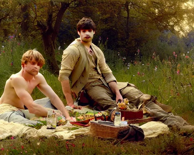 Prompt: attractive bradley james and attractive colin morgan go together to a meadow to have a picnic. highly detailed painting by gaston bussiere, craig mullins, j. c. leyendecker 8 k