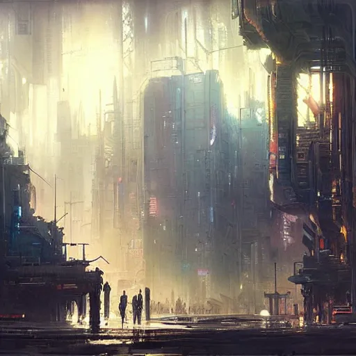 Prompt: A beautiful landscape oil painting of dystopian cyberpunk city by Greg Rutkowski