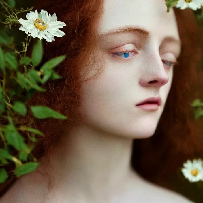 Image similar to Kodak Portra 400, 8K,ARTSTATION, Caroline Gariba, soft light, volumetric lighting, highly detailed, britt marling style 3/4 , extreme Close-up portrait photography of a beautiful woman how pre-Raphaelites,inspired by Ophelia paint, the face emerges from water of Pamukkale, hair are intricate with highly detailed realistic beautiful flowers , Realistic, Refined, Highly Detailed, interstellar outdoor soft pastel lighting colors scheme, outdoor fine art photography, Hyper realistic, photo realistic