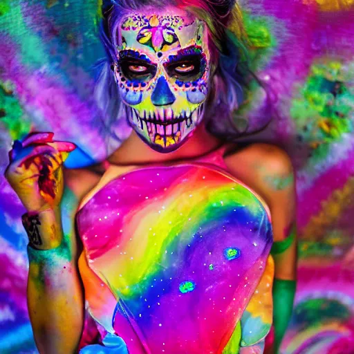 Image similar to Prismatic Spectrum Cosmic Magical Girl from the Rainbow Sky Paradise, tomorrowland, dia de muertos, lit by flashing pixel light, fully covered in colorful paint, glowing neon