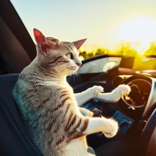 Image similar to convertible on road, cat homies chilling in convertible, paws on steering wheel, paw hanging out of window, golden hour, clear sky, unobstructed road