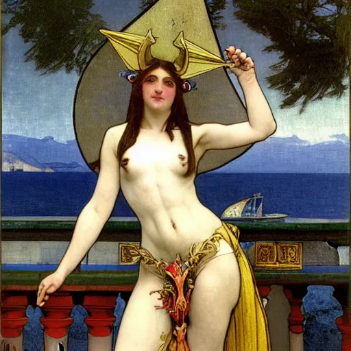 Image similar to A demon girl with jester hat and clothes on a greek archi circle on the front of a Balustrade with a beach and a sail boat on the background, major arcana cards, by paul delaroche, alphonse mucha and arnold böcklin arnold böcklin hyperrealistic 8k, very detailed