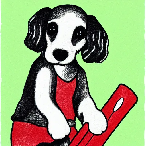 Image similar to a cute spaniel playing with Rupert Bear, illustration, hand drawn