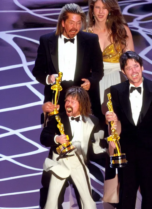 Image similar to a hyper realistic ultra realistic photograph of Joe Dirt winning an oscar, highly detailed, 8k photo