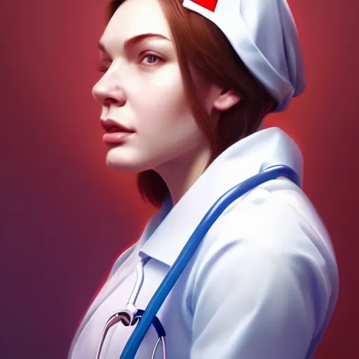 Prompt: portrait of a nurse, expressive pose, ephemeral, highly detailed, digital painting, artstation, concept art, smooth, sharp focus, by Daniela Uhlig