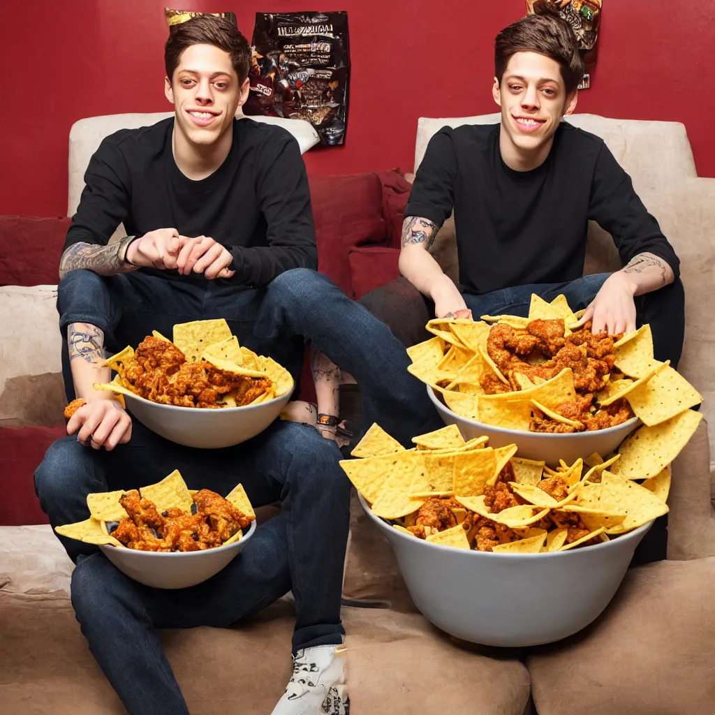 Prompt: pete davidson sitting in a bowl of nice fried chicken and nachos