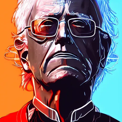 Image similar to cyberpunk bernie sanders as the leader of a futuristic communist nation, cybernetics, sharp lines, digital, artstation, colored in