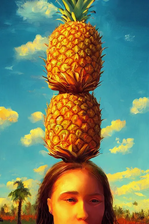 Image similar to closeup, giant pineapple head, girl in djungle, surreal photography, golden hour, colorful clouds, impressionist painting, digital painting, artstation, simon stalenhag