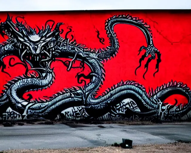 Image similar to a wall that has some lovecraftian graffiti on it inspired by wretched dragon rib cage. red and black colors. the art is horrific.