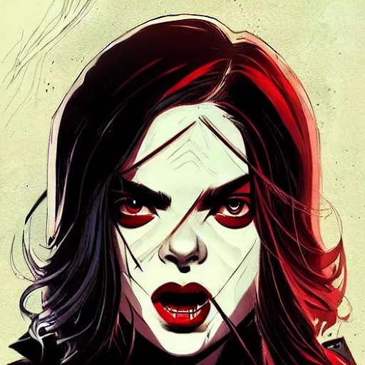 Prompt: Rafael Albuquerque comic cover art, loish, Ross tran, pretty female Samara Weaving vampire, very sharp fangs blood on face face, sarcastic smile, symmetrical eyes, symmetrical face, brown leather jacket, jeans, long black hair, middle shot, highly saturated, deep blacks