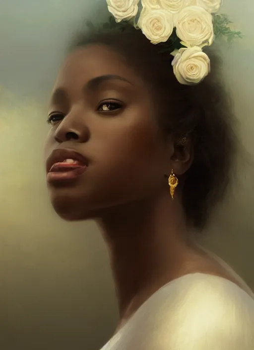 Image similar to oil painting close up portrait of a contemplative young black woman with long dark flowing hair in a white dress, covered in white roses!! at sunset, hazy, digital art, chiaroscuro, artstation, cinematic, golden hour, digital art painting by greg rutkowski, william - adolphe bouguereau, hazy atmosphere, cinematic lighting