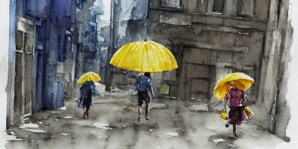 Prompt: deserted dusty junk town, a girl with a parka and a yellow parasol is running, broken vending machines, scene from the movie Ghost in the shell, watercolor watercolor