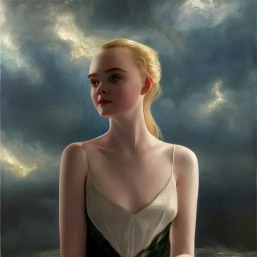 Image similar to Elle Fanning at night, stormy weather, extremely detailed masterpiece, oil on canvas, artstation, Skyfall, Roger Deakin’s cinematography, by J. C. Leyendecker and Peter Paul Rubens,