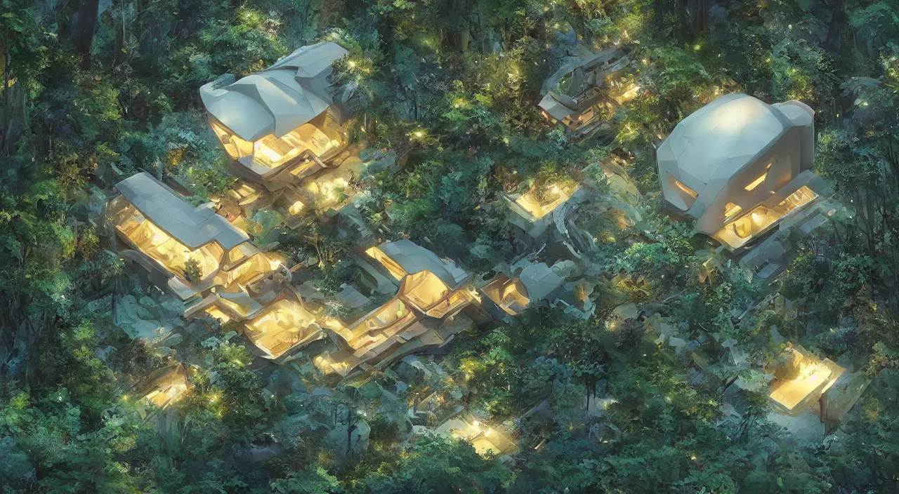 Prompt: a futuristic house sitting in the middle of the forest, unreal engine, fantasy art by greg, loish, rhads, ferdinand knab, makoto shinkai and lois van baarle, ilya kuvshinov, rossdraws, tom bagshaw, night lighting, trending on studio ghibli, volumetric lighting, octane render, 8 k, keyshot