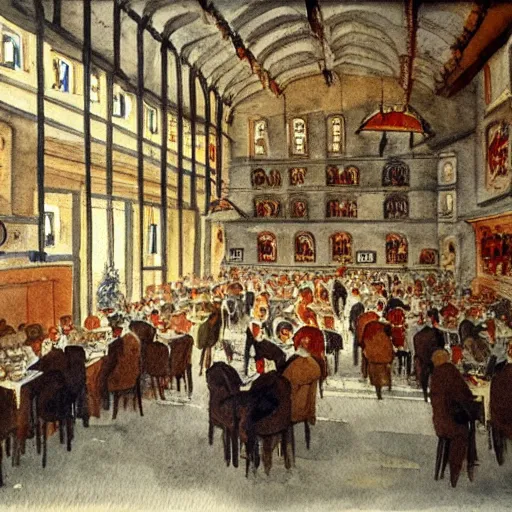 Prompt: munich royal beer hall. watercolor painting by hitler.