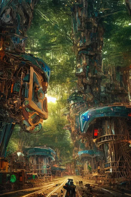 Prompt: giant wooden mecha building futuristic giant wooden tree trunk buildings, organic wooded shops, solarpunk, organic bioluminescent street lights, forest canopy understory, cinematic lighting, sunset, octane render, 3 d pixar disney digital cgi rtx hdr painting, highly detailed, artstation cgsociety masterpiece, by syd mead, greg rutkowski, wlop, artger