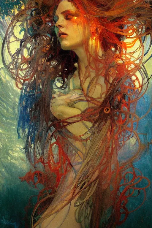 Prompt: a beautifull intricate painting of a disembodied soul surrounded by tendrils, vivid colors, artstation, by jeremy mann, by alphonse mucha,