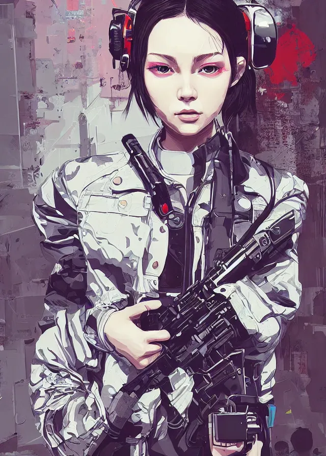 Image similar to highly detailed, ilya kuvshinov, rutkowski, simon roy, james jean, mcbess, portrait illustration of a cyberpunk military woman, colorful, cinematic composition, ray tracing, hyperrealism, photorealistic