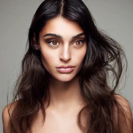 Prompt: Portrait photo of a beautiful supermodel, beautiful bone structure, long dark hair, olive skin, brown eyes, natural makeup, studio lighting, highly detailed, photo by Damon Loble.