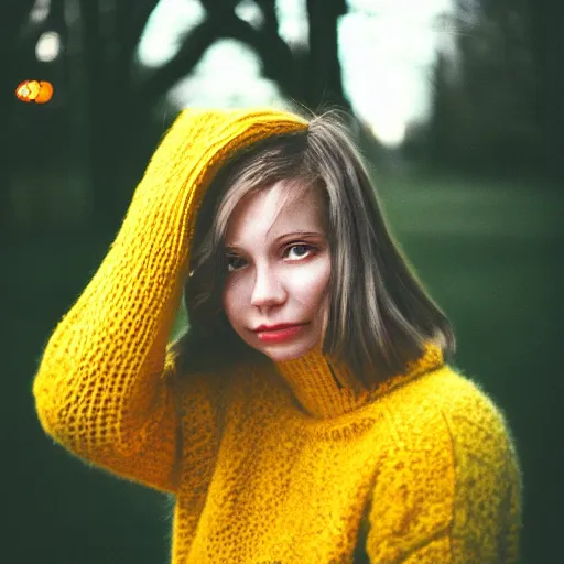 Image similar to a portrait photography of a woman wearing a yellow knitted turtleneck sweater that covers half her face. long hair. agfa vista 4 0 0 film. detailed. depth of field. cinematic. lens flare. grainy film. warm light.
