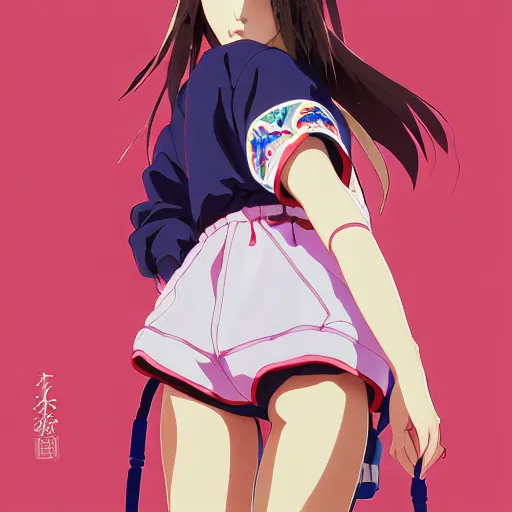 Image similar to a beautiful japanese natalie portman gravure model, wearing oversized native designer bomber jacket and leotard with overalls, bulky poofy bomber jacket with mesoamerican patterns, mesoamerican native street fashion, gapmoe yandere grimdark, trending on pixiv fanbox, painted by greg rutkowski makoto shinkai takashi takeuchi studio ghibli, akihiko yoshida