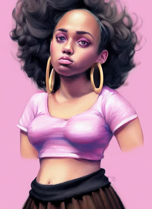 Image similar to full body portrait, teenage vanessa morgan, pink hair, obese, black girl, curly pixie hair, sultry, realistic, short hair, hoop earrings, skirt, shirt, fat, belly, intricate, elegant, highly detailed, digital painting, artstation, concept art, smooth, sharp focus, illustration, art by wlop, mars ravelo and greg rutkowski