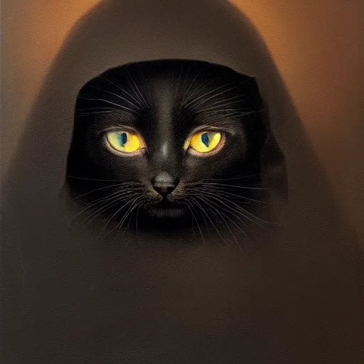 Image similar to a portrait of a kitten wearing a black cloak, cloak covering face, anatomically correct, beautiful perfect face, enigmatic, oil painting, matte, black background, Volumetric dynamic lighting, Highly Detailed, Cinematic Lighting, Unreal Engine, 8k, HD, by Beksinski